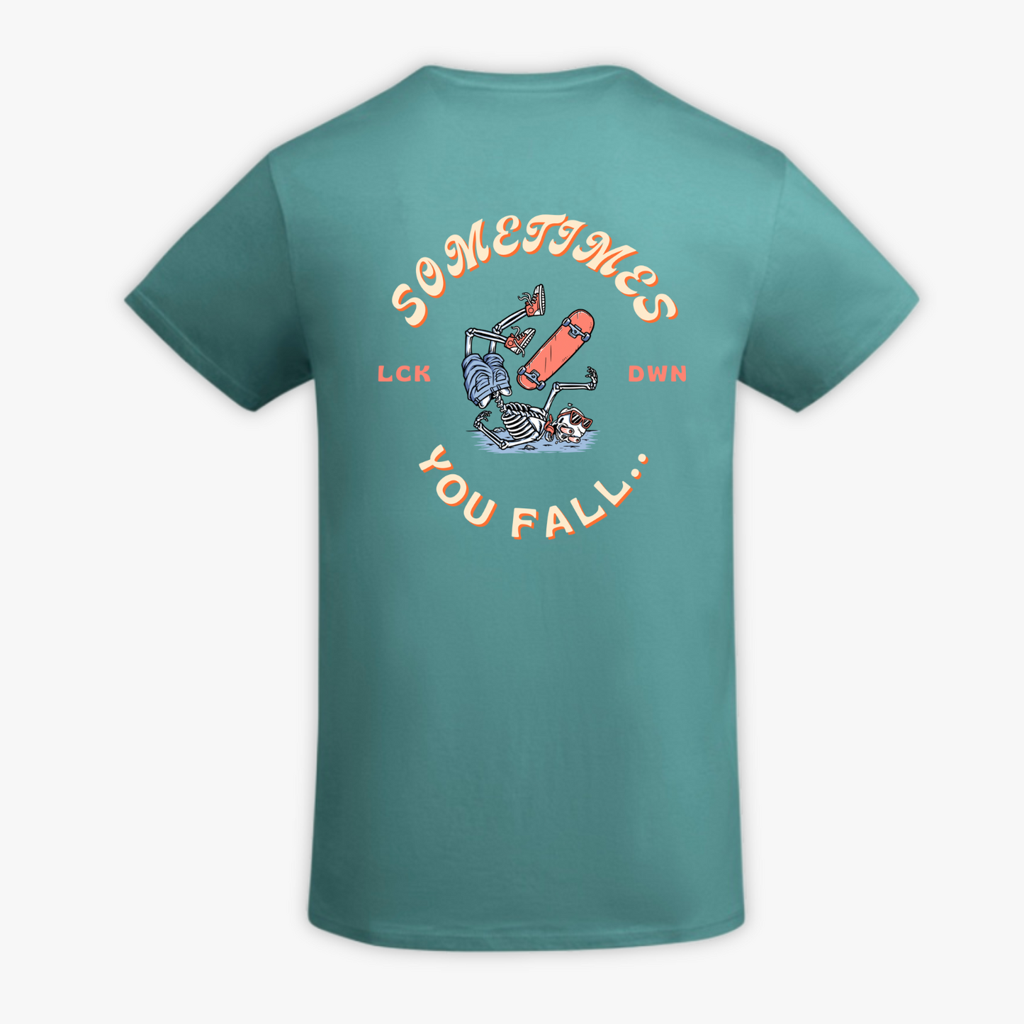 SOMETIMES YOU FALL - t-shirt turchese con stampa