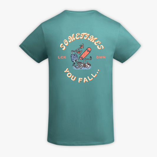 SOMETIMES YOU FALL - t-shirt turchese con stampa