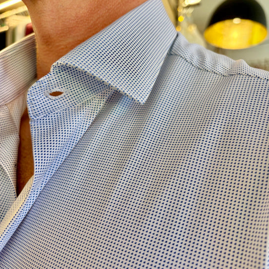 TOP PLAYER PROFESSIONAL PUNTINI BLU – camicia sartoriale bianca no stiro con puntini