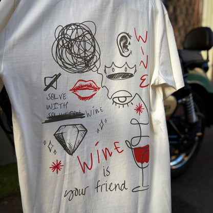 WINE FRIEND - t-shirt bianca vintage oversize con stampa