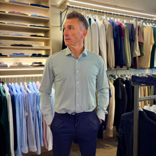 TOP PLAYER PROFESSIONAL RIGA VERDE – camicia sartoriale bianca no stiro righine verdi