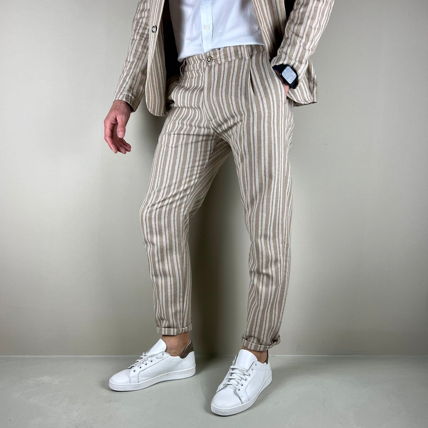 AMALFI – pantalone rigato beige